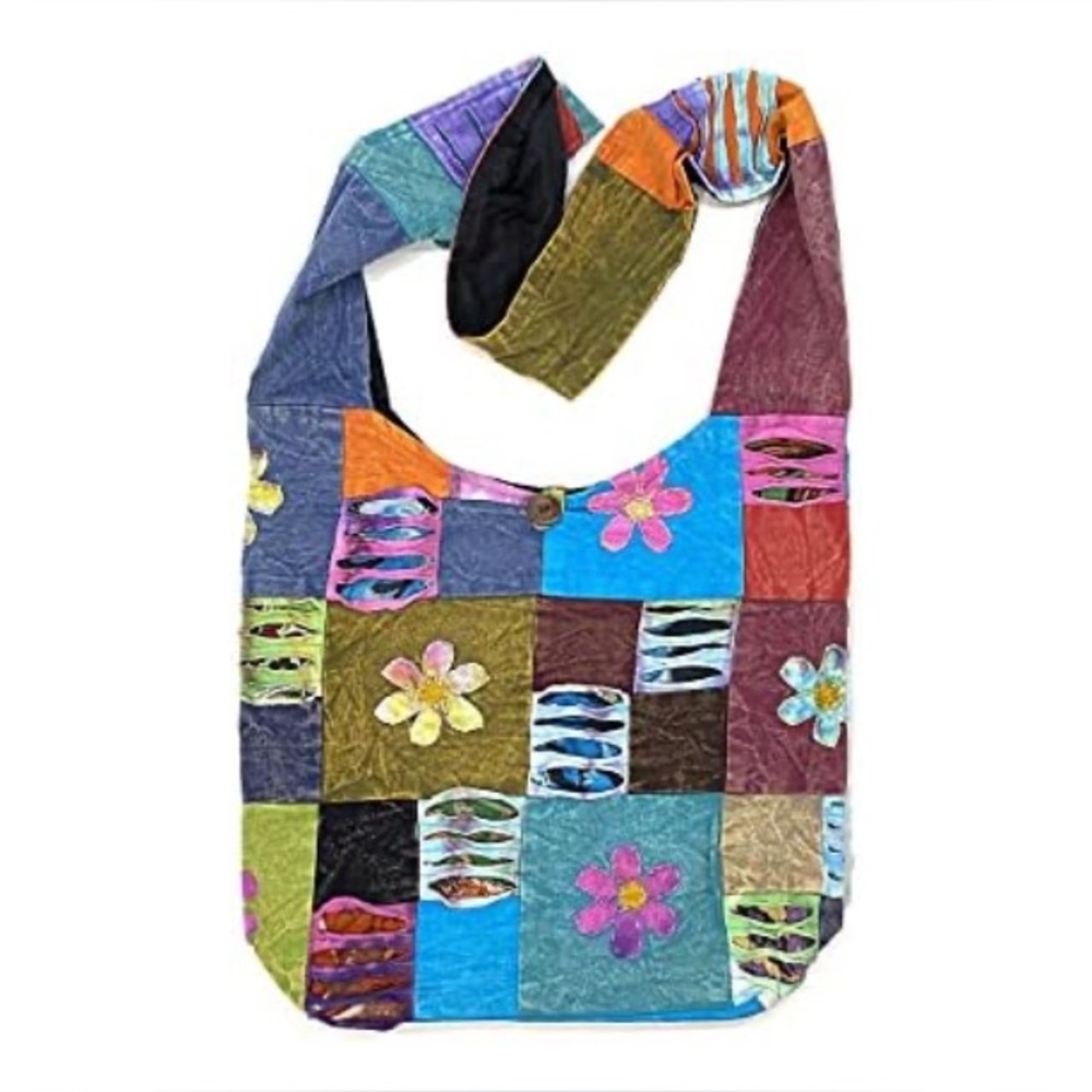Original Collections Happy Flowers Razor Cut Hippie Patchwork Sling Crossbody